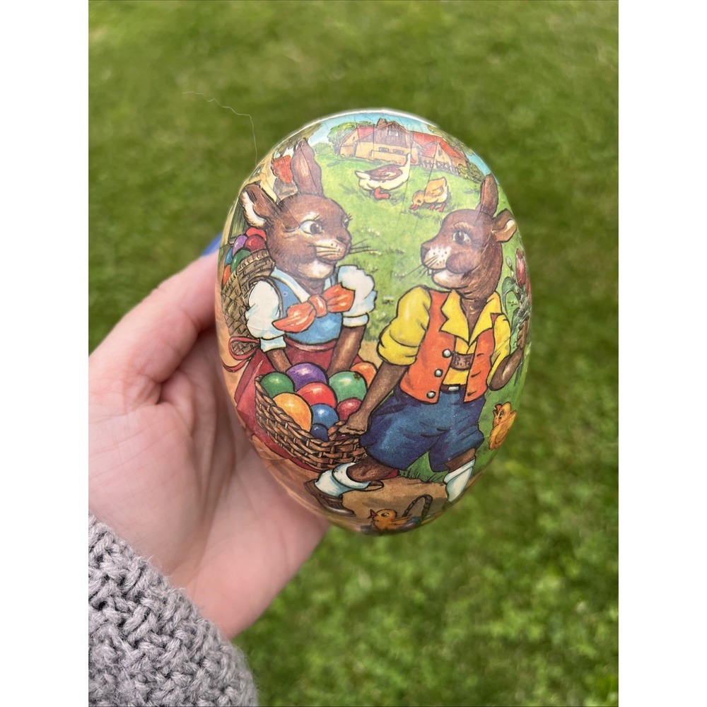 Vintage West German Paper Mache Easter Egg Box Large Easter Bunny German Scene